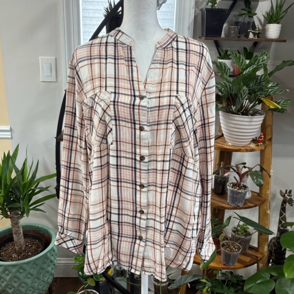 Chico's Plaid Button-Down Shirt in Cream, Brown & Pink